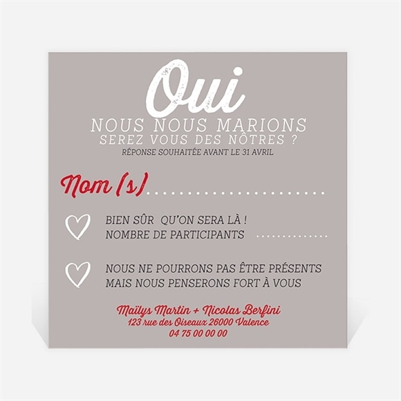 Carton réponse mariage réf. N300332 du fairepart mariage réf.N24166