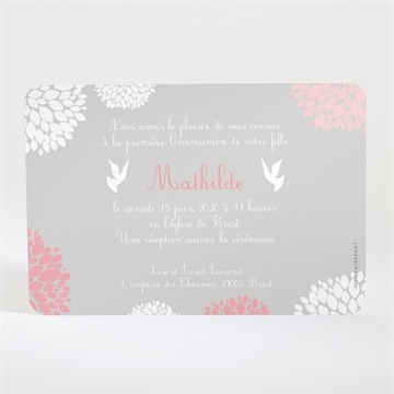 Faire-part communion colombe et fleurs - Dos du faire-part