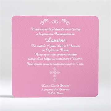 Faire-part communion mon cadre rose - Dos du faire-part