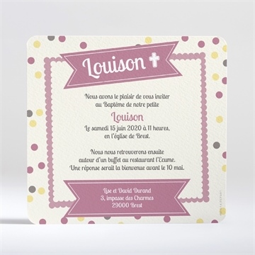Faire-part de baptême pois et confettis fille - Dos du faire-part