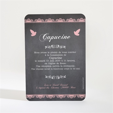 Faire-part communion dentelle rose - Dos du faire-part