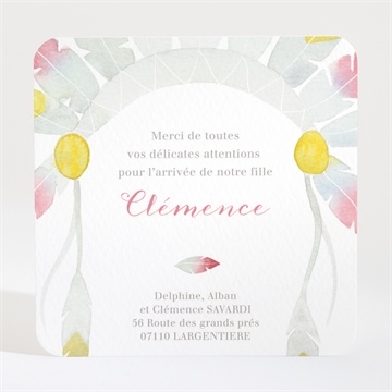 Remerciement naissance ornée de plumes - Dos de la carte