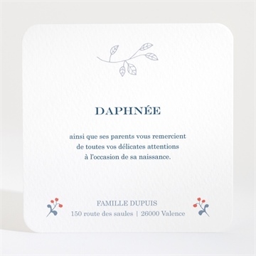 Remerciement naissance fleurs et flocons - Dos de la carte