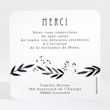 Remerciement naissance plume à l'encre - Dos de la carte