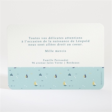 Remerciement naissance petit bateau - Dos de la carte