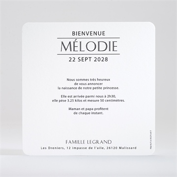 Faire-part naissance initiale en patchwork - Dos du faire-part