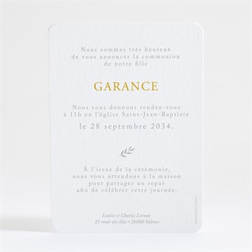 Faire-part communion en vérité dorure - Dos du faire-part