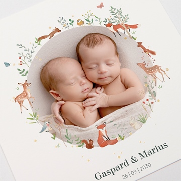 Faire-part naissance jumeaux & animaux dorure - Détail du faire-part