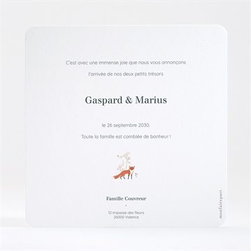Faire-part naissance jumeaux & animaux dorure - Dos du faire-part