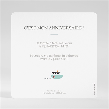 Invitation anniversaire les petits bateaux - Dos de l'invitation