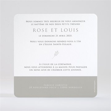 Faire-part de baptême petits jumeaux dorure - Dos du faire-part