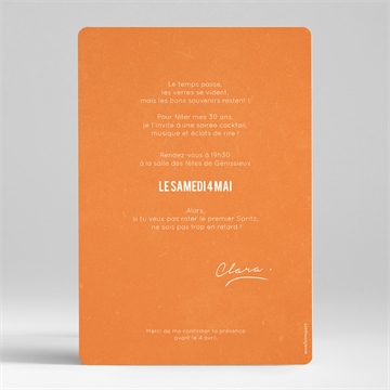 Invitation anniversaire cocktail 30 ans - Dos de l'invitation