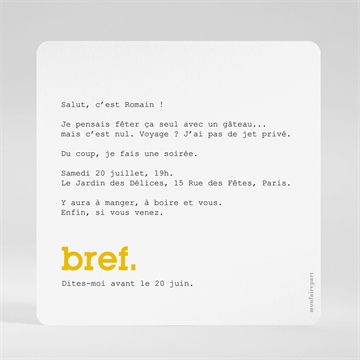 Invitation anniversaire bref 20 ans - Dos de l'invitation