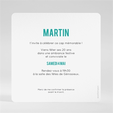 Invitation anniversaire 20 ans - Dos de l'invitation