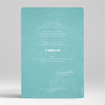 Invitation anniversaire cocktail tropical - Dos de l'invitation