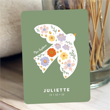 Faire-part de baptême colombe fleurie