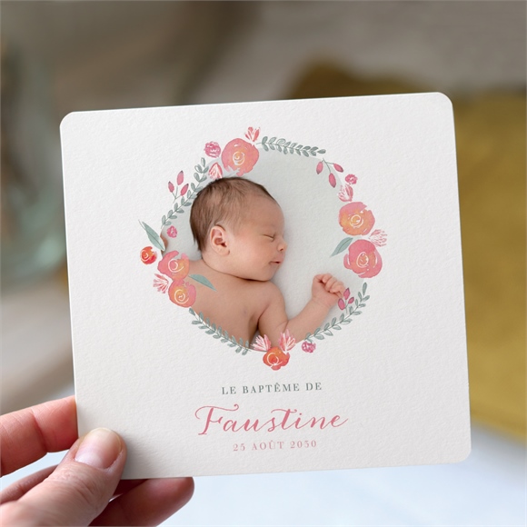 Faire-part de baptême cadre de fleurs