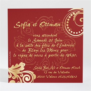 Carton d'invitation mariage rouge et or