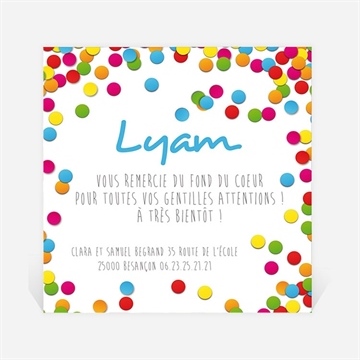 Remerciement naissance cotillons multicolores