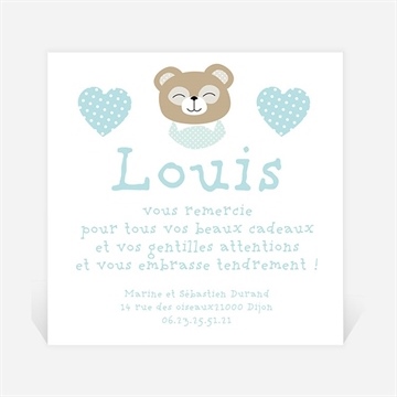 Remerciement naissance joli ourson garçon