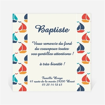Remerciement naissance motifs bateaux bleu rouge vert