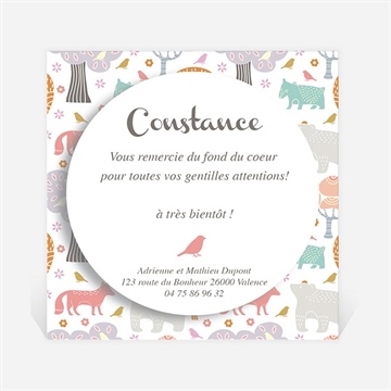 Remerciement naissance motifs animaux pastel