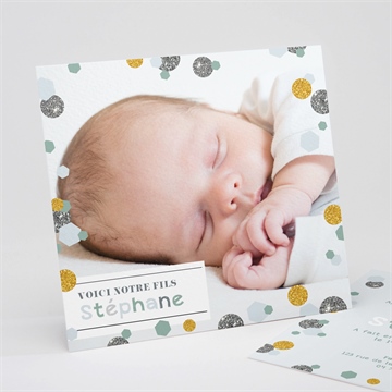 Faire-part naissance jolis pois or et gris