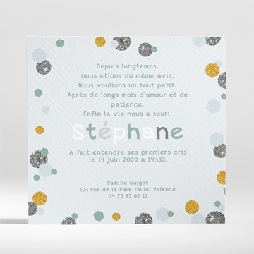 Faire-part naissance jolis pois or et gris - Dos du faire-part