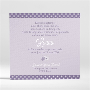 Faire-part naissance photos et imprimés féminins - Dos du faire-part