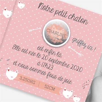 Faire-part naissance notre petit chaton fille - Détail du faire-part