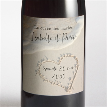 Etiquette de bouteille mariage dans le sable