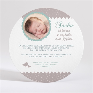 Faire-part de baptême colombe et banderoles - Dos du faire-part