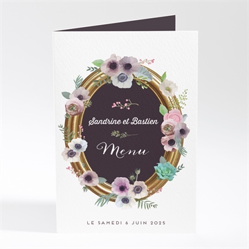 Menu mariage couronne fleurs violettes