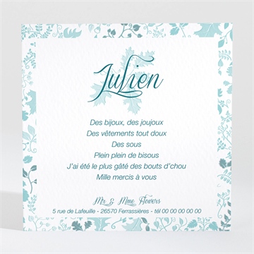 Remerciement baptême liberty en rond - Dos de la carte