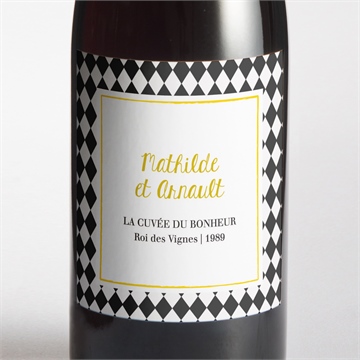 Etiquette de bouteille mariage damier geometrique