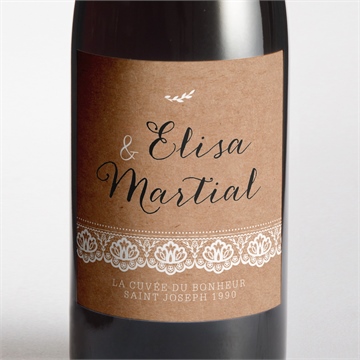 Etiquette de bouteille mariage kraft et dentelle