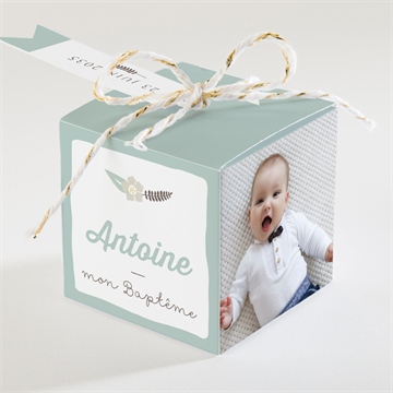 Boîte de dragées baptême alphabet original - Dos de la boîte