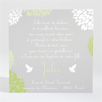 Remerciement baptême cadre végétal chic - Dos de la carte
