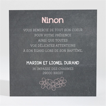 Remerciement baptême fanions roses sur ardoise - Dos de la carte