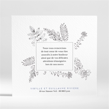 Remerciement mariage gravure florale - Dos de la carte