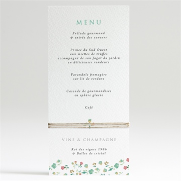 Menu mariage vert et rose - Dos du menu