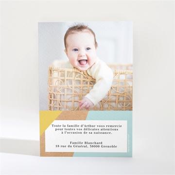 Remerciement naissance jaune vert kraft - Dos de la carte