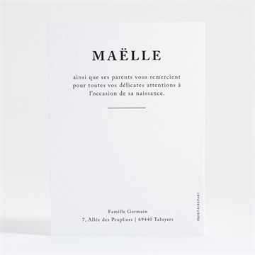 Remerciement naissance sobre et épuré - Dos de la carte