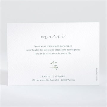 Remerciement naissance feuillage à l'aquarelle - Dos de la carte
