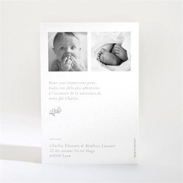 Remerciement naissance jolie gravure blanche - Dos de la carte