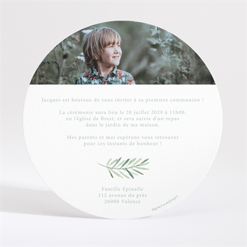 Faire-part communion végétal et dorure - Dos du faire-part