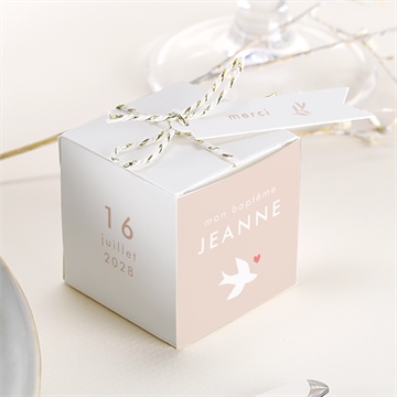 Boîte de dragées baptême colombe beige rosé