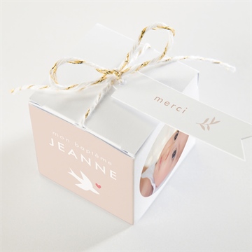 Boîte de dragées baptême colombe beige rosé - Dessus de la boîte