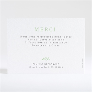 Remerciement naissance tendre vert - Dos de la carte