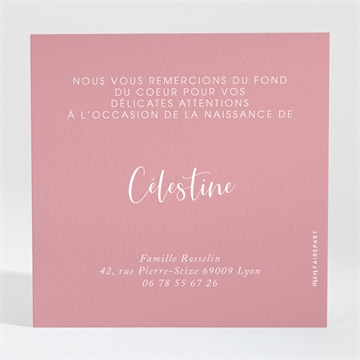 Remerciement naissance feuillage rosé - Dos de la carte
